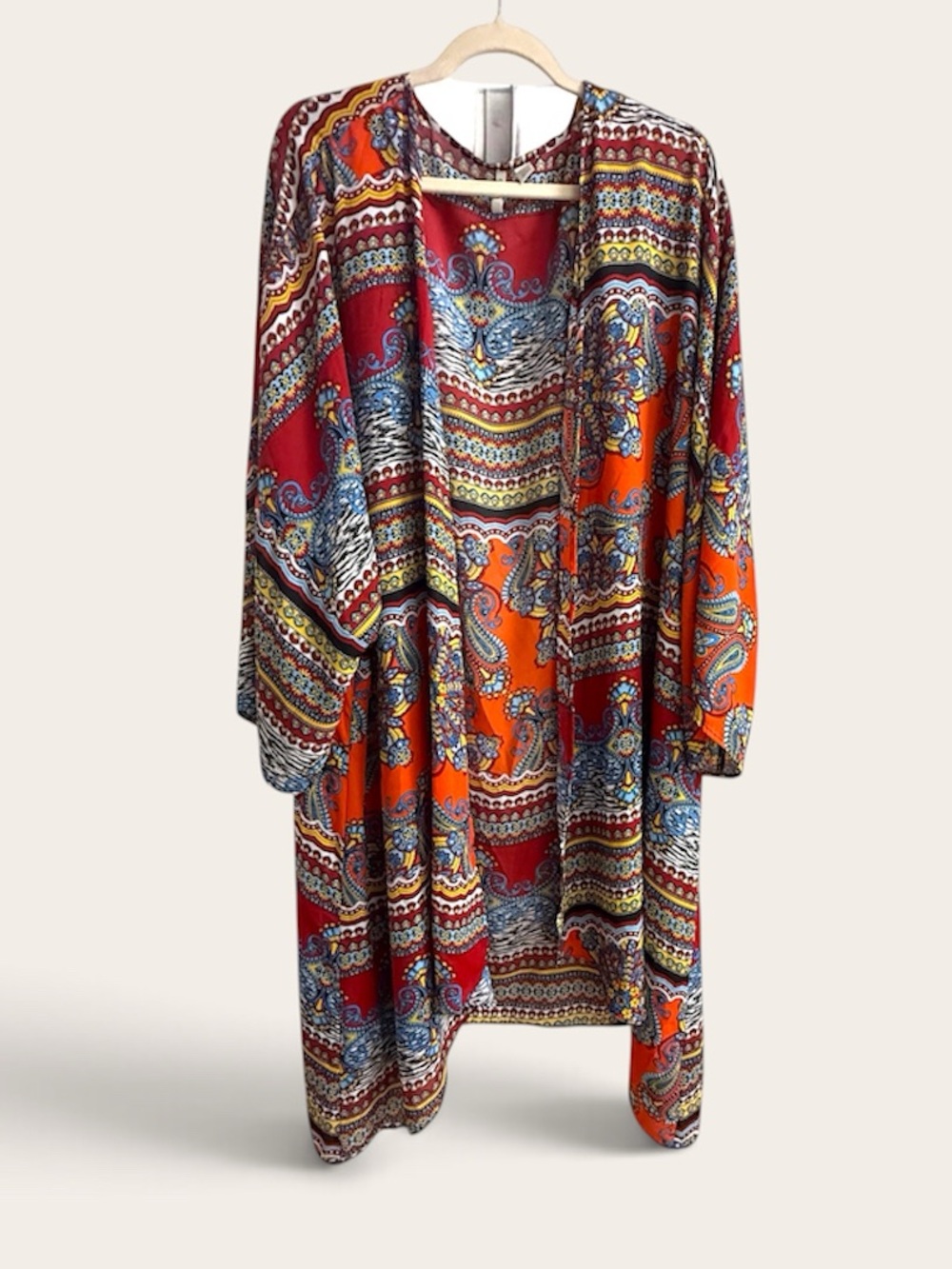 Boho Paisley Open Kimono Duster - Orange & Multicolor 26 / 28